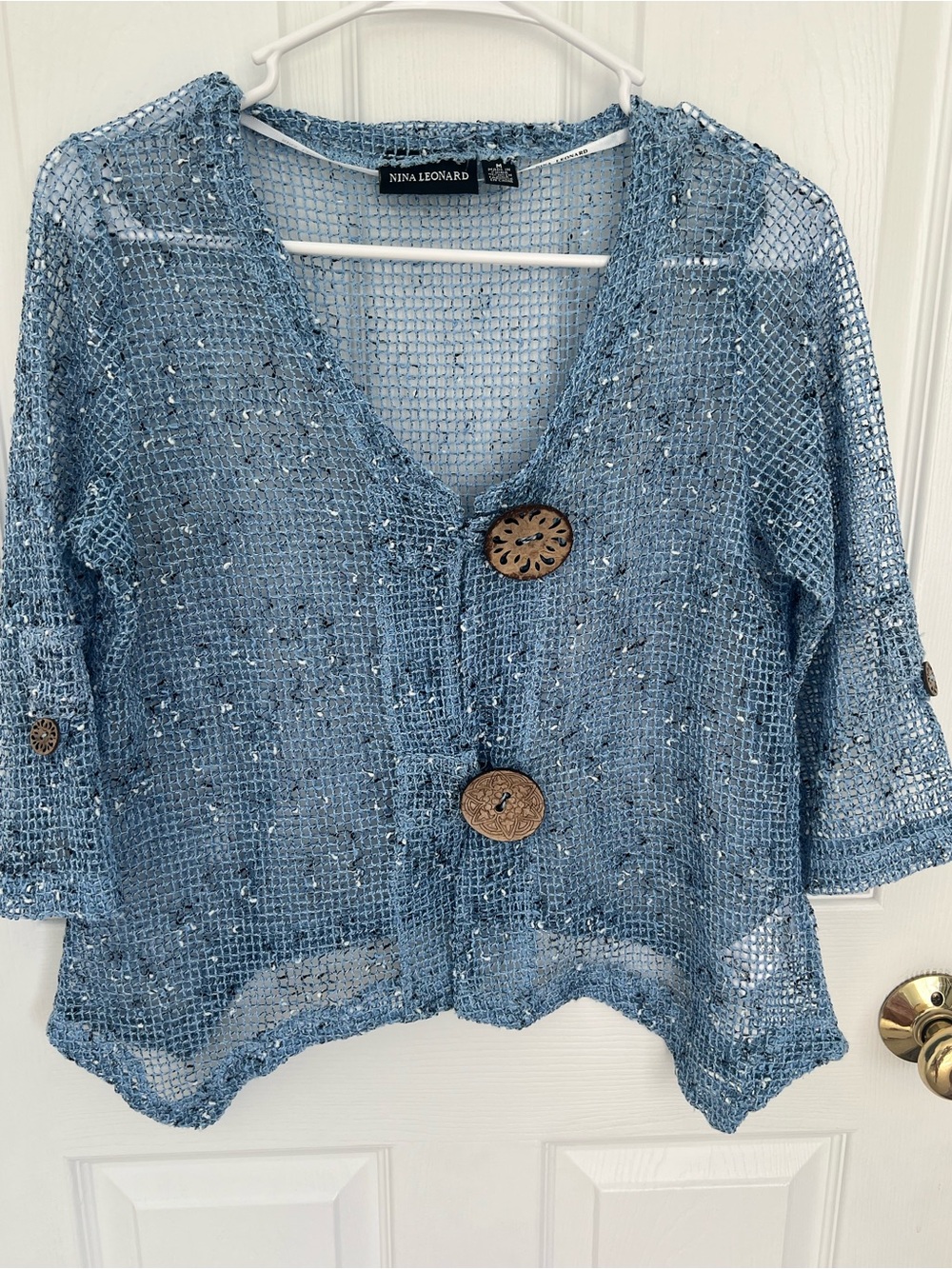 Nina Leonard Light Blue Open-Weave Button Cardigan Size M (IN#7)